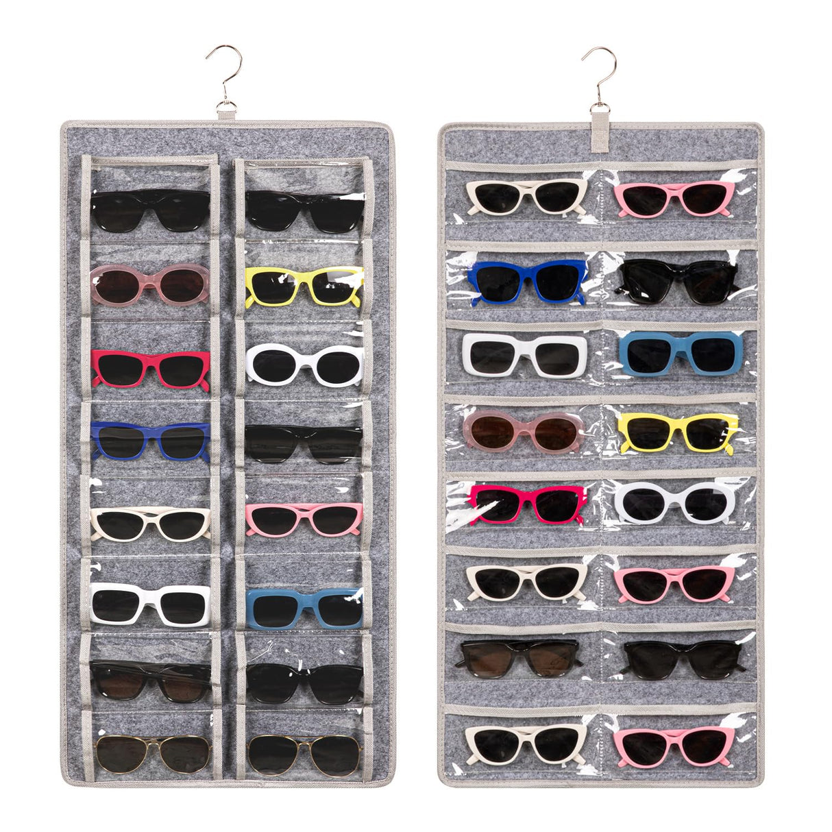KGMCARE Dual Sided Sunglasses Storage organizer case, Eyeglasses Holder Wall Mounted with 32 Clear Slots & Metal Hook, Dust Proof Sunglasses Storage Case KGMCARE