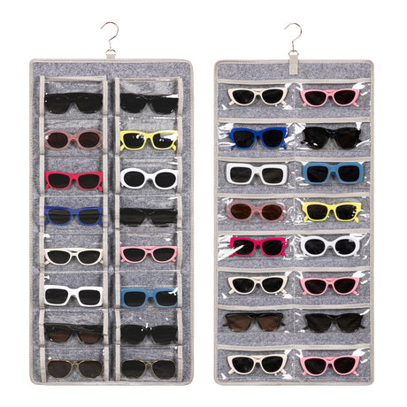 KGMCARE Dual Sided Sunglasses Storage organizer case, Eyeglasses Holder Wall Mounted with 32 Clear Slots & Metal Hook, Dust Proof Sunglasses Storage Case KGMCARE