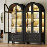 Vlsrka 71" Arched Curio Cabinet with Glass Doors, 4-Shelves Display Cabinet and 2 Drawers, Display Case with 3 Color Lights, Tall Bookcase, Kitchen Pantry, Black+Wood Vlsrka