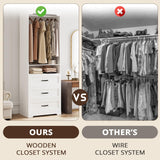 IRONCK Freestanding Closet System with 3 Wood Drawers, Modern Armoire Wardrobe with Adjustable Shelves & Hanging Rod, Walk-in Closet Systems Organizer for Small Closet, White IRONCK