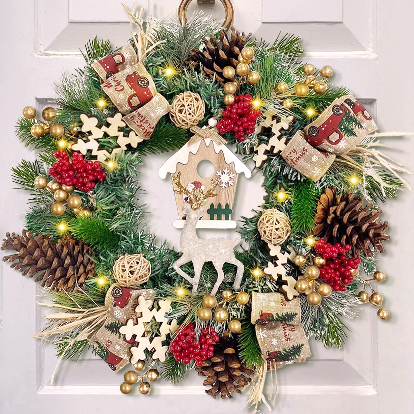 Christmas Wreaths for Front Door - Christmas Wreath with Christmas Reindeer, 16" Christmas Door Wreath with Santa Wooden House Bow Snowflakes Berries Pine Cones for Home Xmas Decor