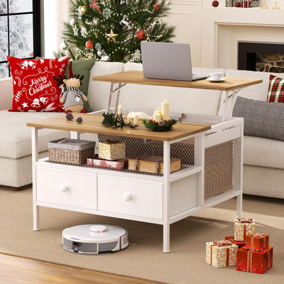 FABATO Lift Top Coffee Table, Square Coffee Table Metal Wood, Farmhouse Lift Up Coffee Table Cocktail Table with Wire Mesh Barn Door and Storage, Steel Frame, Small Tea Table for Living Room, White