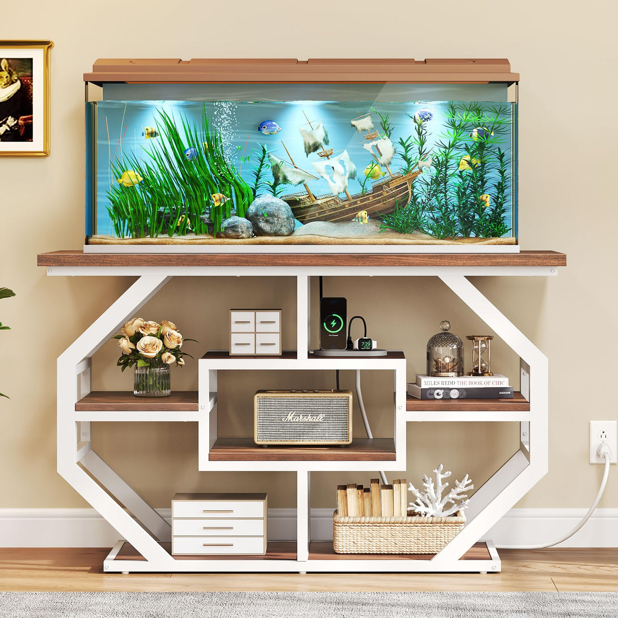 YITAHOME Heavy Duty 55-75 Gallon Fish Tank Stand with Power Outlet, Marble Aquarium Stand for Fish, Turtle, Reptile Terrarium, Shelves for Fish Tank Accessories Storage, 860LBS Capacity, White & Walnut YITAHOME