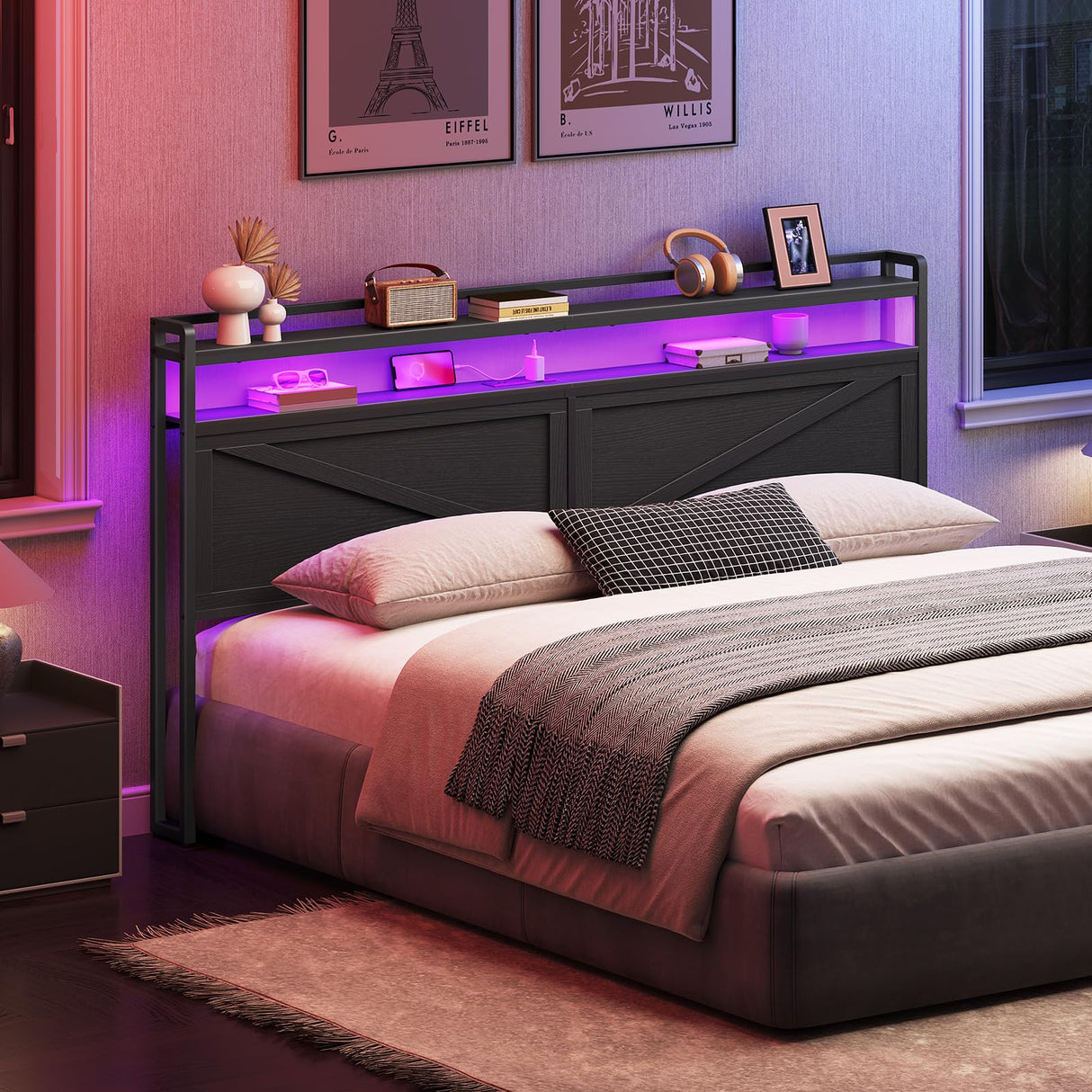 HOOBRO King Size Headboard, Headboard with Charging Station and LED Light Strip, 2-Tier Storage Headboard with Outlets and USB Ports, Industrial Style, Height Adjustable, for King Size Beds, Black HOOBRO