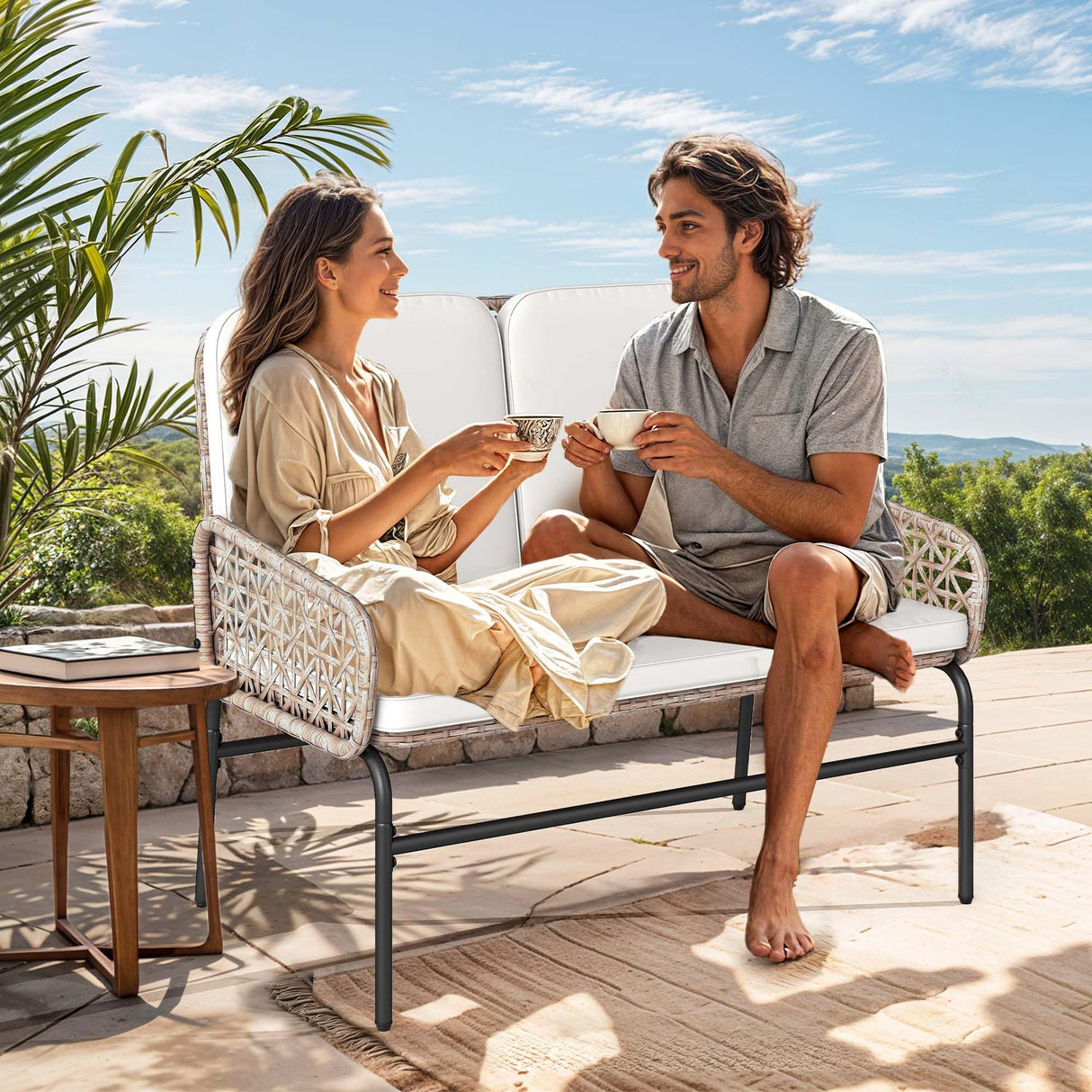 DWVO Outdoor Loveseat, All Weather Wicker Patio Sofa with Soft Cushions & High Back, Porch Furniture for Backyard, Balcony and Deck, Beige DWVO