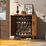 UNIQUITE Wooden Shoes Cabinet with Adjustable Shelves, Retro Freestanding Shoe Organizer Cabinet for Entryway Hallway Living Room, 5-Tier Shoe Cabinet with Doors for 20 Pairs, Dark Walnut UNIQUITE