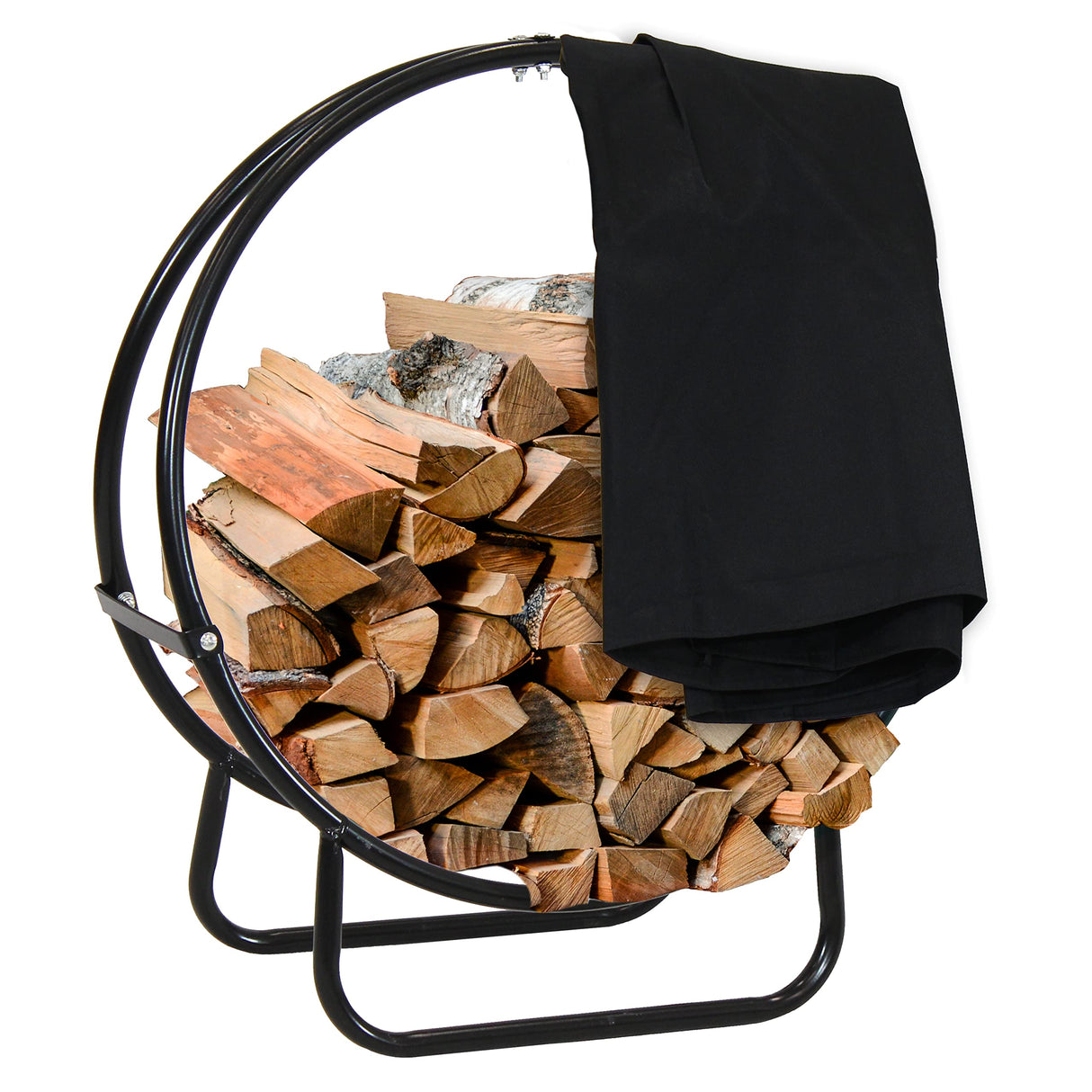 Sunnydaze Outdoor Firewood Log Rack Hoop and Cover Set - Powder-Coated Steel Round Firewood Rack and PVC Cover - Black - 24-Inch Sunnydaze
