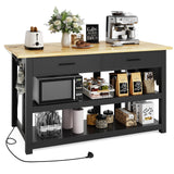 47.3" Solid Rubberwood Kitchen Island with Power Outlets - Extra Large Work Surface, 2 Drawers & Open Shelves Storage Cabinet for Kitchen Dining Room, Farmhouse Style (Black) DynJest