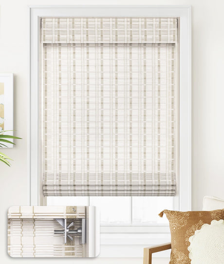 LazBlinds No Tools No Drill Cordless Bamboo Roman Shades, Light Filtering Window Treatment, Roll Up Bamboo Blinds for Window 41'' W x 64'' H, Whitewash B LazBlinds
