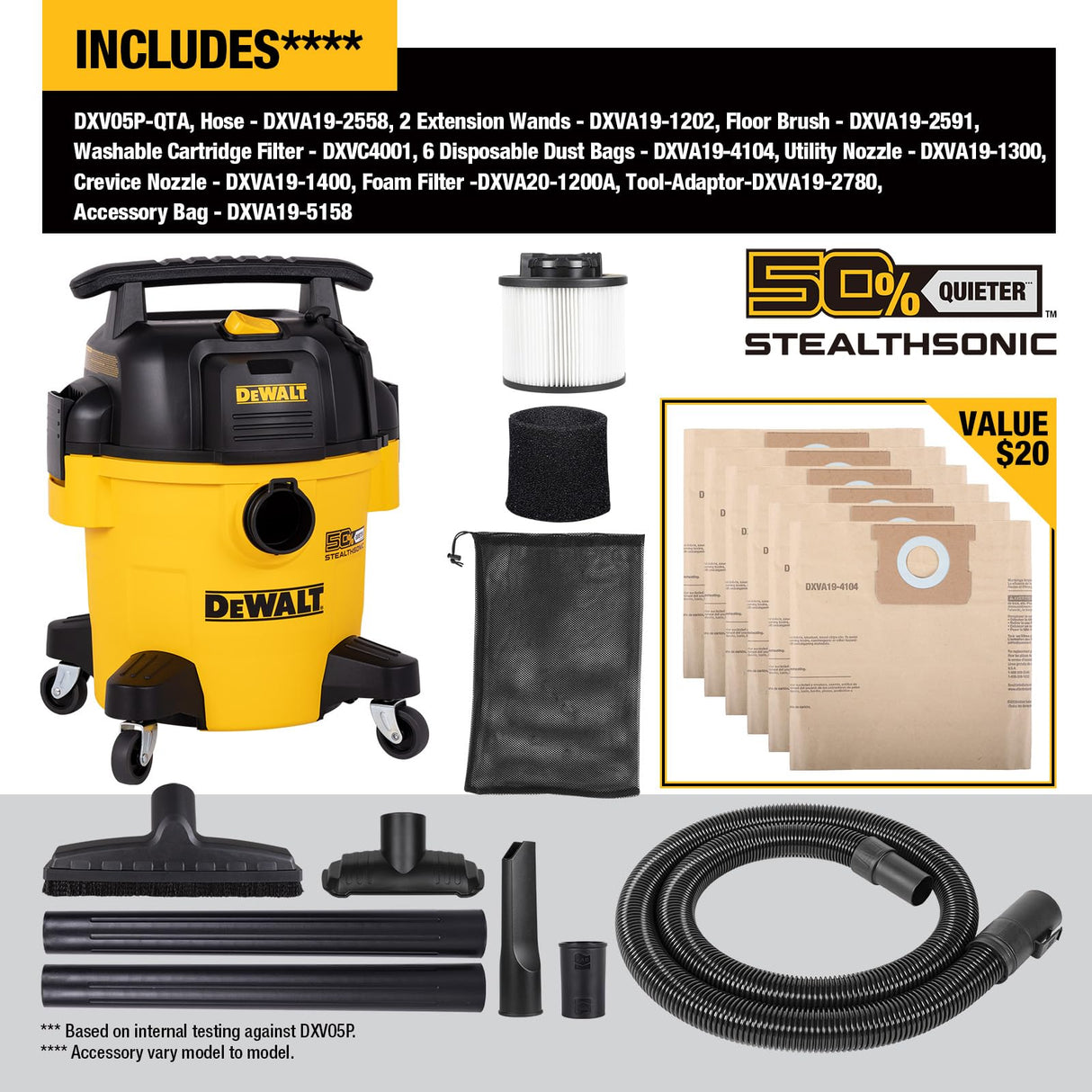 DEWALT Stealthsonic Shop Vacuum Wet and Dry, 5 Gal 4 HP Ultra-Quiet Vacuum Cleaner with Complete Accessory Kit and 6 Bonus Dust Bages - Ideal for Home, Jobsite, Workshop, Garage, Car DXV05P-QTA DEWALT