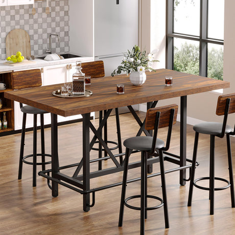 Tribesigns Bar Table, Industrial Counter Height Pub Table with Metal Footrest, 63-Inch Rectangle Wood Kitchen Dining Table with Sturdy Metal Frame for Dining Room, Home Bar (Brown) Tribesigns
