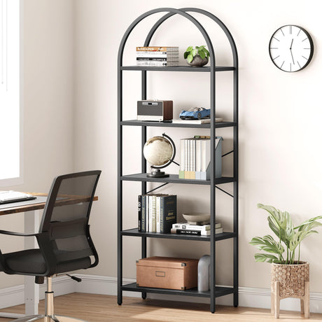 Klysiora 5 Tier Arched Bookcase Shelf Tall Bookcase with Storage Vertical Display Shelf Rack Modern Bookcase Wood and Metal Storage Shelving Unit for Bedroom, Living Room, Home Office, Black Klysiora