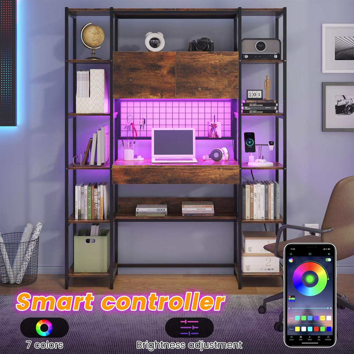 Nosepen 5 Tiers Rustic Bookshelf with Home Office Desk and RGB Lights and Power Outlet, 71.1" Tall Book Shelf with Drawer & Storage Cabinet & 12 Storage Shelves, Large Bookcase with 2 Doors, Brown Nosepen