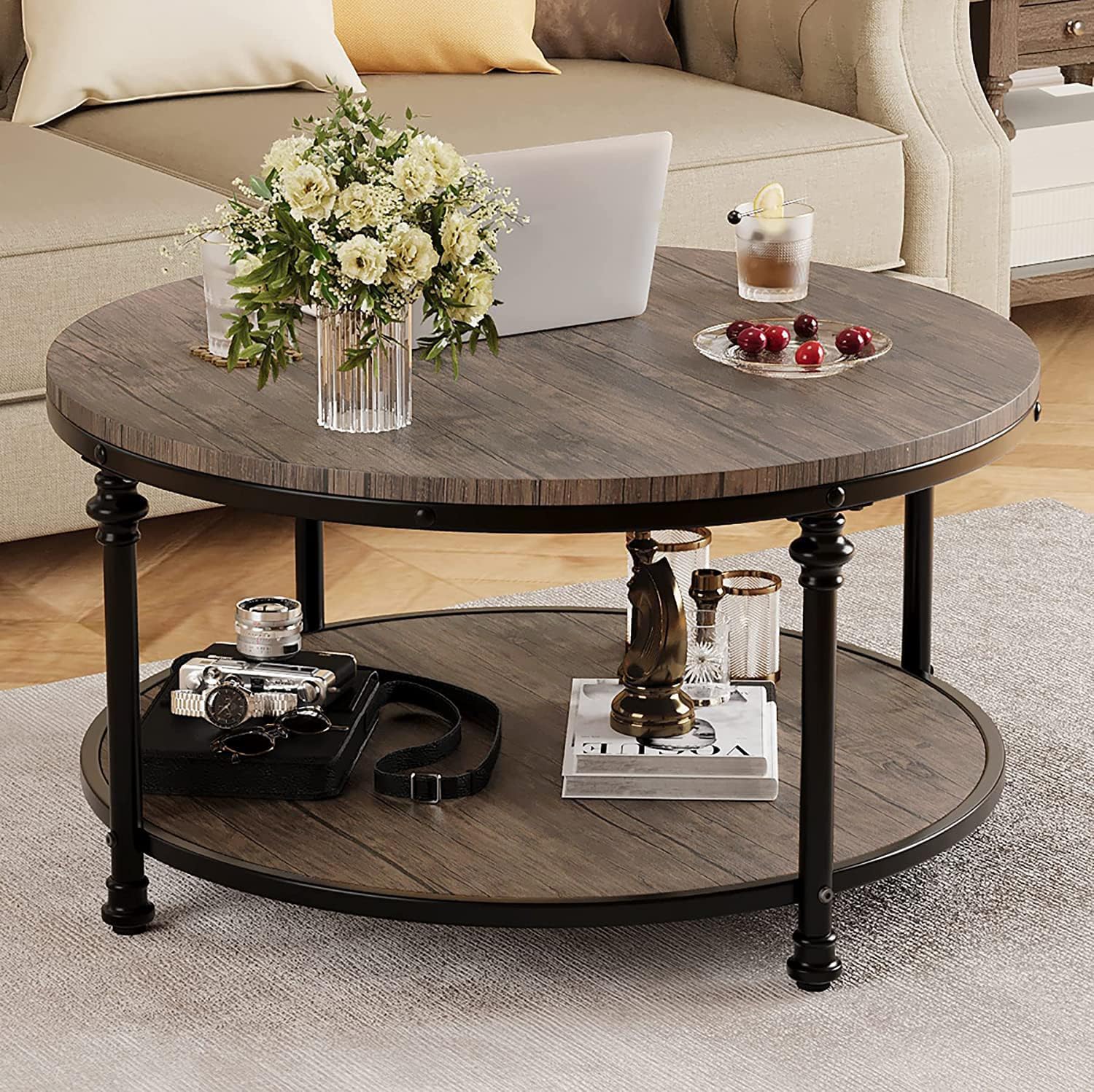 IDEALHOUSE Round Coffee Table for Living Room Rustic Center Table with Storage Shelf Wood Circle Coffee Table with Sturdy Metal Legs, Easy Assembly(Light Walnut) - WoodArtSupply