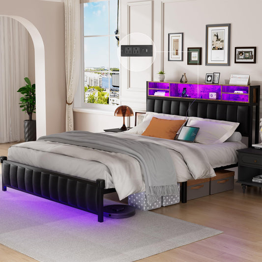 Alohappy Full Size Upholstered Bed Frame with Bookcase Headboard, LED Lighting & Charging Station - WoodArtSupply