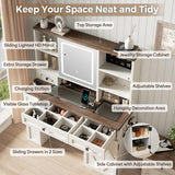 Farmhouse Makeup Vanity Desk with Sliding Mirror and Lights, Glass Desktop Makeup Vanity Desk with Charging Station, 3-Tier Hidden Slide-Out Vanity Shelves, Jewelry Storage Cabinet, 2 Drawers-White Jocoevol