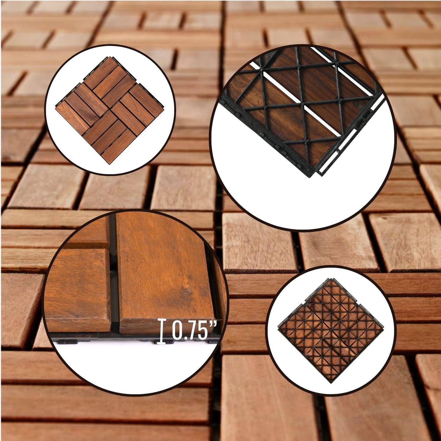 Dolonm Interlocking Solid Wood Deck Tiles, Golden Teak Wood for Flooring Tiles, for Patio Balcony Waterproof Both Indoor and Outdoor Decking Tile Brown 12 x 12 x 0.7 inches Pack of 10 - WoodArtSupply