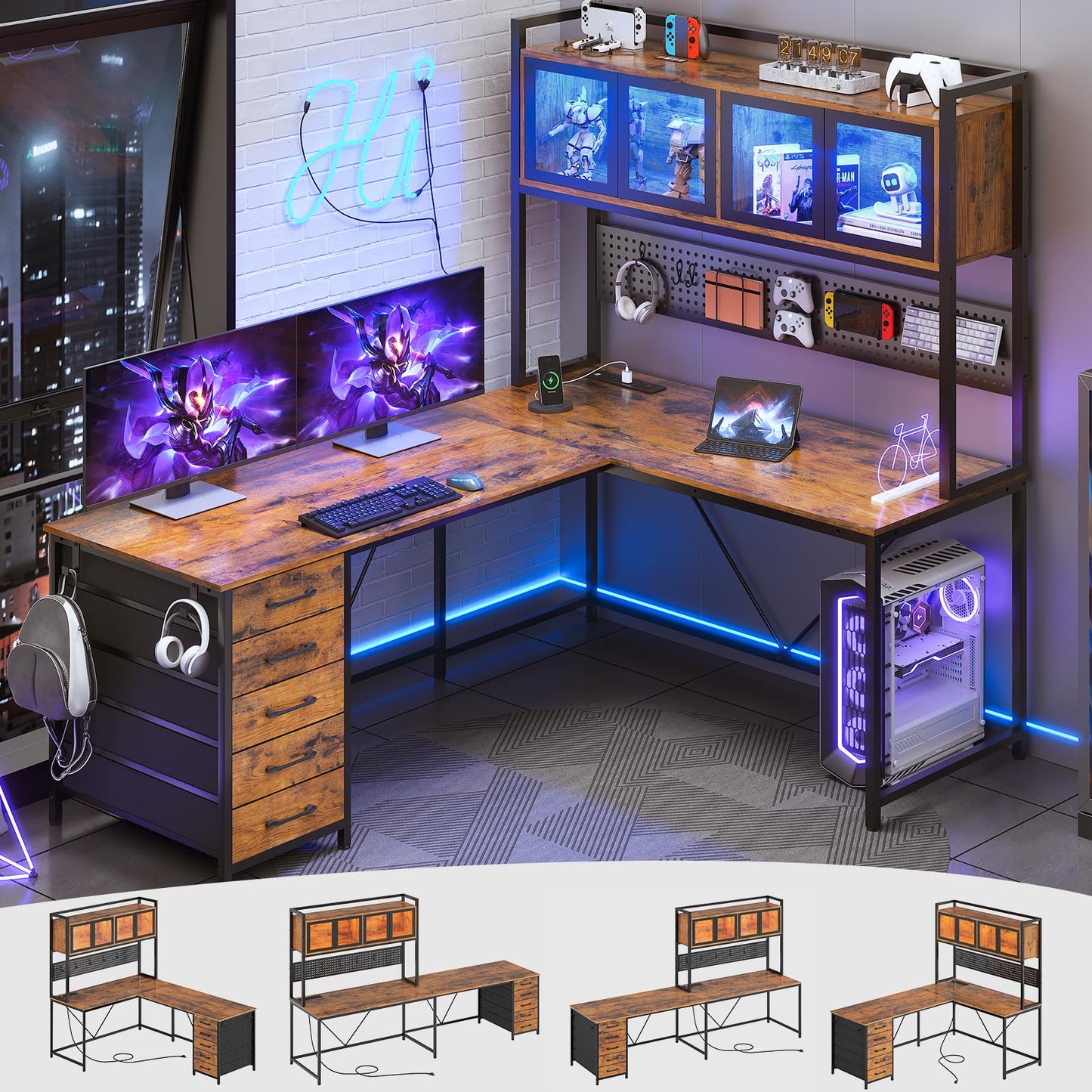 SEDETA L Shaped Gaming Desk with Drawers, L Shaped Computer Desk with Hutch and Storage Shelves, Gaming Desk with Pegboard, Led Lights, and Power Outlet, Home Office Desk, Corner Desk, Rustic Brown