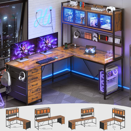 SEDETA L Shaped Gaming Desk with Drawers, L Shaped Computer Desk with Hutch and Storage Shelves, Gaming Desk with Pegboard, Led Lights, and Power Outlet, Home Office Desk, Corner Desk, Rustic Brown SEDETA