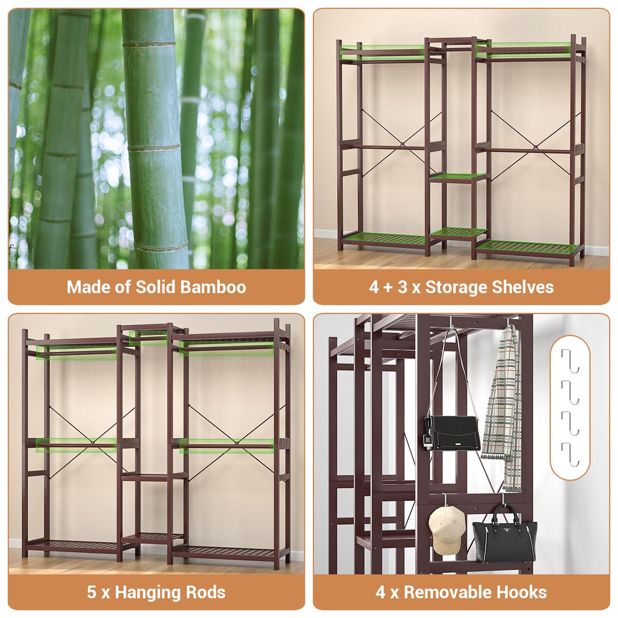 Homykic Bamboo Closet System Clothes Rack, Large Freestanding Garment Rack Clothing Rack for Hanging Clothes with 7 Storage Shelves and 5 Rods, Open Wardrobe Organizer with 4 Hooks, Espresso Homykic