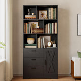 IRONCK Bookshelf with Drawers, 70.9 inch Tall Bookcase with Doors, Bookshelves and Bookcases with Storage, Bookshelf with 6 Open Cubes for Home Office, Living Room, Study, Black IRONCK