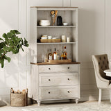 WAMPAT 3 Tier Bookshelf with 3 Drawers, 72" Tall Bookcase Large Farmhouse Display Book Case Shelf with 3-Tier Open Book Shelfs，Library Wood Bookshelves for Living Room,Kitchen, Rustic White WAMPAT