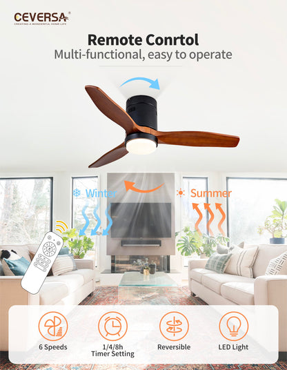 Ceversa 42 Inch Solid Wood Low Profile Ceiling Fan with Light and Remote Control,3 Blades Flush Mount Ceiling Fan,Easy Installation Walnut Hugger Ceiling Fan for Living Room Bedroom Farmhouse Indoor