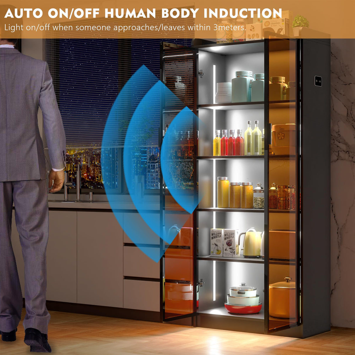 Lvifur Tall Storage Cabinet up to 70", LED Kitchen Pantry Cabinet with Human Body Induction, 5 Tier Bookcase Display Cabinet with Adjustable Shelves for Living Room Office (Black) Lvifur