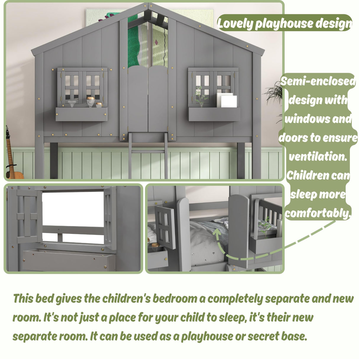 Harper & Bright Designs House Bunk Bed Twin Over Twin for Kids, Wood Bunk Beds with Roof, Windows, Window Box and Small Door, Floor Bunk Beds with Ladder and Guard Rails for Girls Boys,Grey Harper & Bright Designs