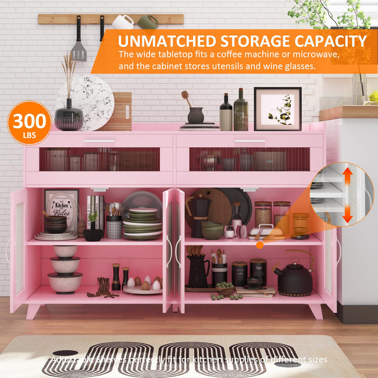 Sideboard Buffet Cabinet With LED Light & Power Outlet, Kitchen Storage Cabinet With 2 Acrylic-Board Drawers & 4 Rattan Doors, Coffee Bar Cabinet Wood Buffet Table for Kitchen, Dining Room (Pink) GarveeHome