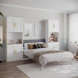 Mekminop Modern Queen Murphy Bed with Storage Cabinet and Open Shelves, Hidden Foldable Wall Cabinet Bed Frame with Wood Slat, Space-Saving, No Spring Box Required, White Mekminop