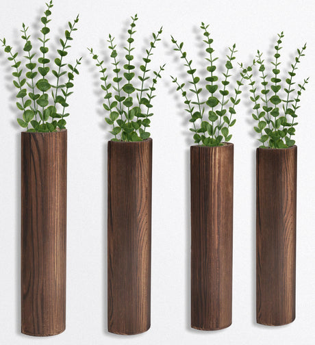 Fttoyoly 4 Pack Wood Wall Planter with Artificial Eucalyptus, Modern Wall Decor for Living Room Bedroom Bathroom Entryway, Farmhouse Boho Wall Vases for Dried Flowers and Faux Plants Fttoyoly