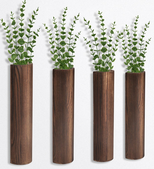 Fttoyoly 4 Pack Wood Wall Planter with Artificial Eucalyptus, Modern Wall Decor for Living Room Bedroom Bathroom Entryway, Farmhouse Boho Wall Vases for Dried Flowers and Faux Plants