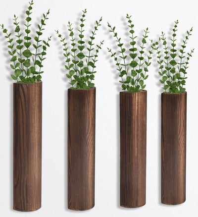 Fttoyoly 4 Pack Wood Wall Planter with Artificial Eucalyptus, Modern Wall Decor for Living Room Bedroom Bathroom Entryway, Farmhouse Boho Wall Vases for Dried Flowers and Faux Plants