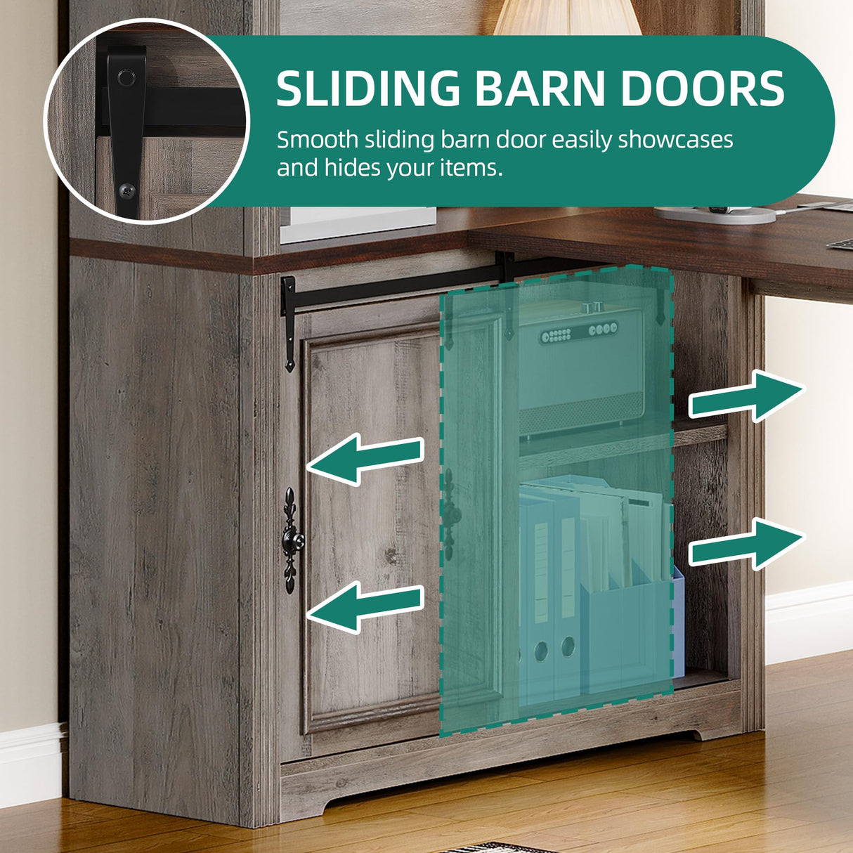 YITAHOME L Shaped Executive Desk with Hutch and Drawers, Farmhouse Home Office Desk with Power Outlet, Wood Corner Computer Desk with Sliding Door, Storage Cabinet with Glass Door, Grey & Walnut YITAHOME