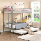 KEIKI Twin Over Twin Size Metal Detachable Bunk Bed Frame with 2 Side Ladder, Trundle and Guardrail, Modern Style Bunk Beds with Slats, No Box Spring Required, Easy Assembly, for Bedroom, Silver KEIKI