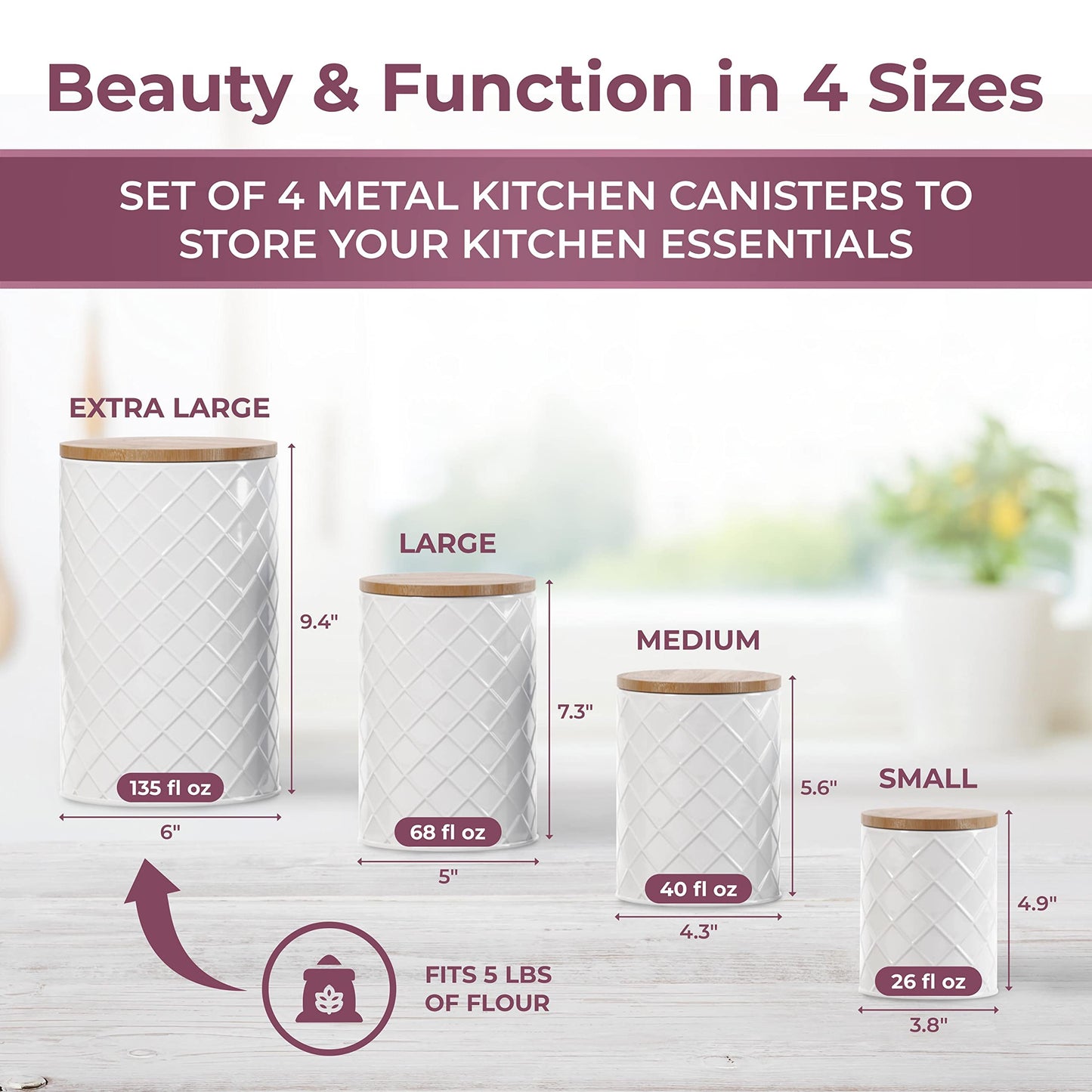 Pebble & Stem White Metal Canisters Sets for the Kitchen Counter, Kitchen Canisters Set of 4, Airtight Lids,Sugar and Flour Containers for Countertop, Coffee and Tea Storage, Farmhouse Decor