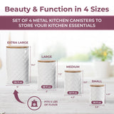 Pebble & Stem White Metal Canisters Sets for the Kitchen Counter, Kitchen Canisters Set of 4, Airtight Lids,Sugar and Flour Containers for Countertop, Coffee and Tea Storage, Farmhouse Decor Pebble & Stem