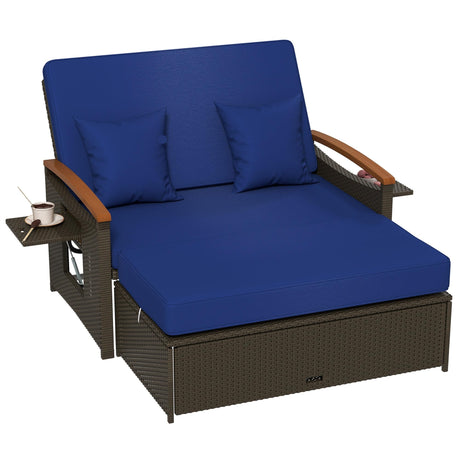 Tangkula Patio Rattan Daybed Set with Cushioned Loveseat and Storage Ottoman, Outdoor Double Chaise Lounger with 4-Level Adjustable Backrest and Retractable Side Trays for Backyard (Navy) Tangkula