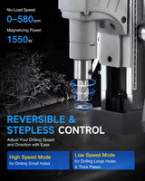 ZELCAN Mag Drill Press with 11 Drill Bits, 1550W Portable Magnetic Drill Press with 2" Boring Diameter, 0-580 rpm Stepless Speed & Reversible Direction, 2922 lbf Drilling Machine for Metal Surface ZELCAN