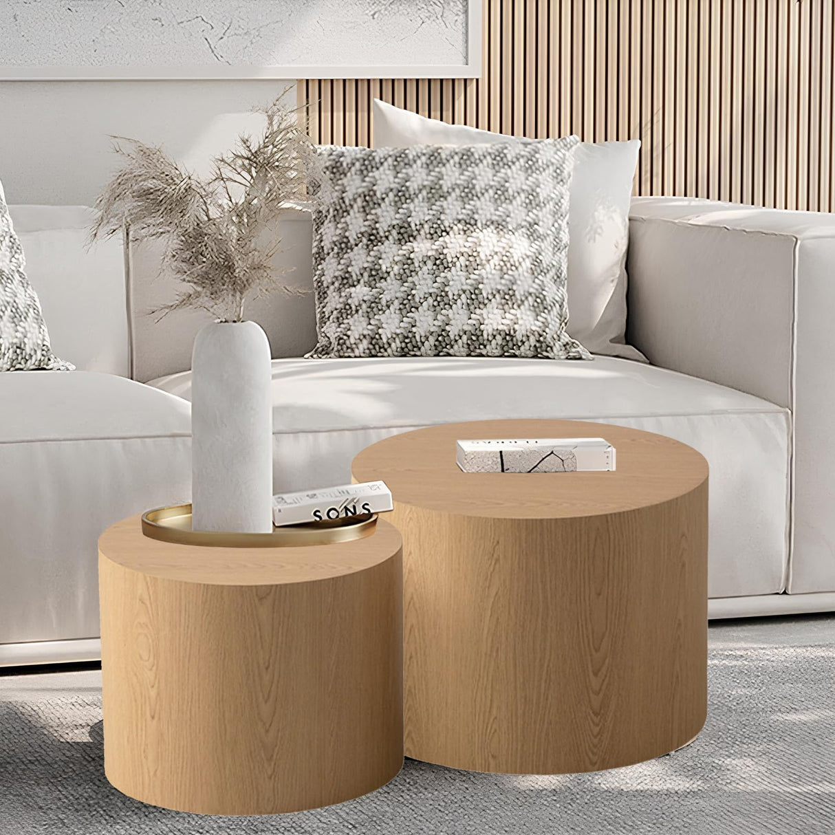 YYZIWYUN Nesting Coffee Table Set of 2 Modern Drum Coffee Table Handcraft Fluted Coffee Table End Table Round Wood Coffee Table for Living Room Small Space, No Need Assembly,Light Wood YYZIWYUN