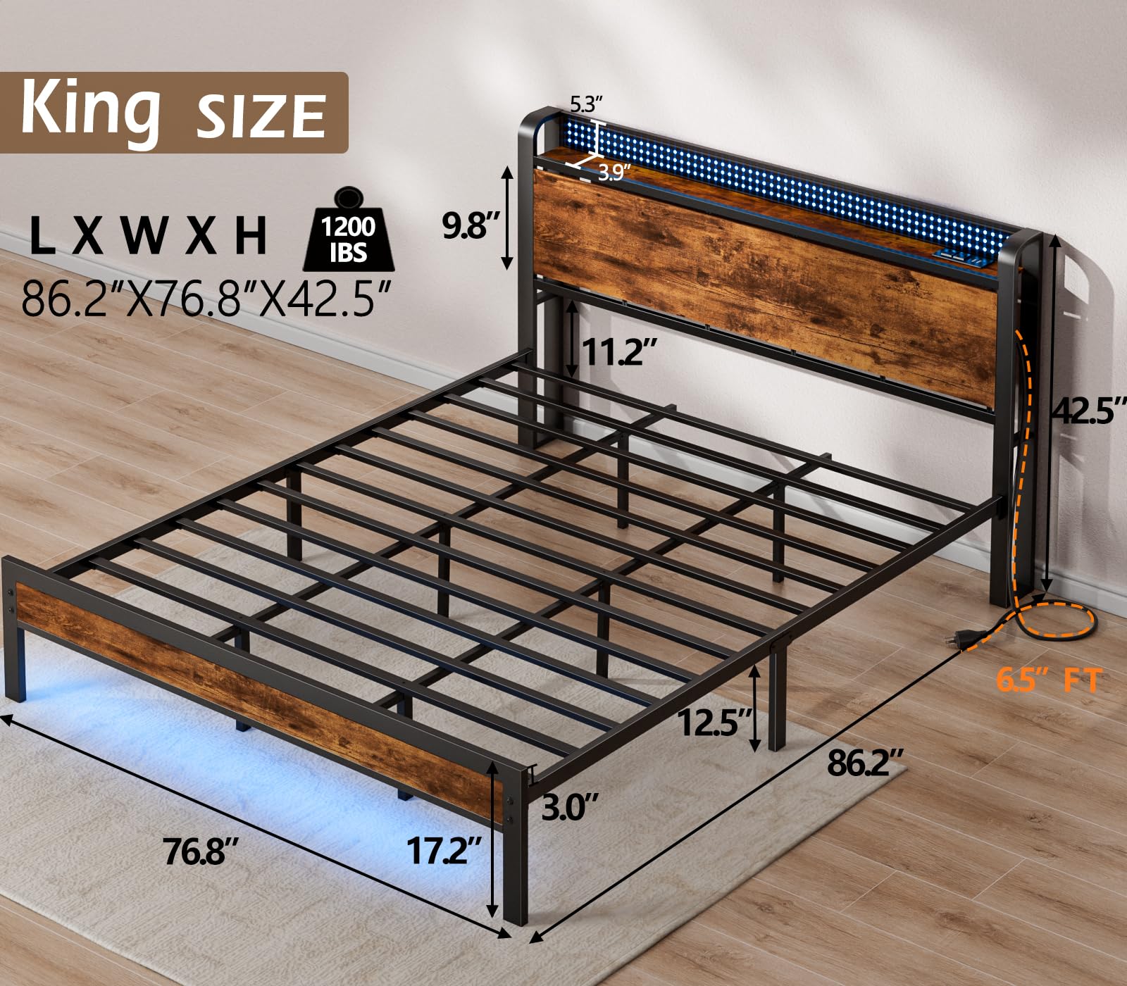 Furnulem King Size Bed Frame with LED Lighting and Storage Headboard - WoodArtSupply