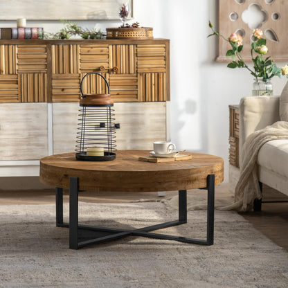 31.29" Modern Retro Splicing Round Coffee Table,Fir Wood Table Top with Black Cross Legs Base