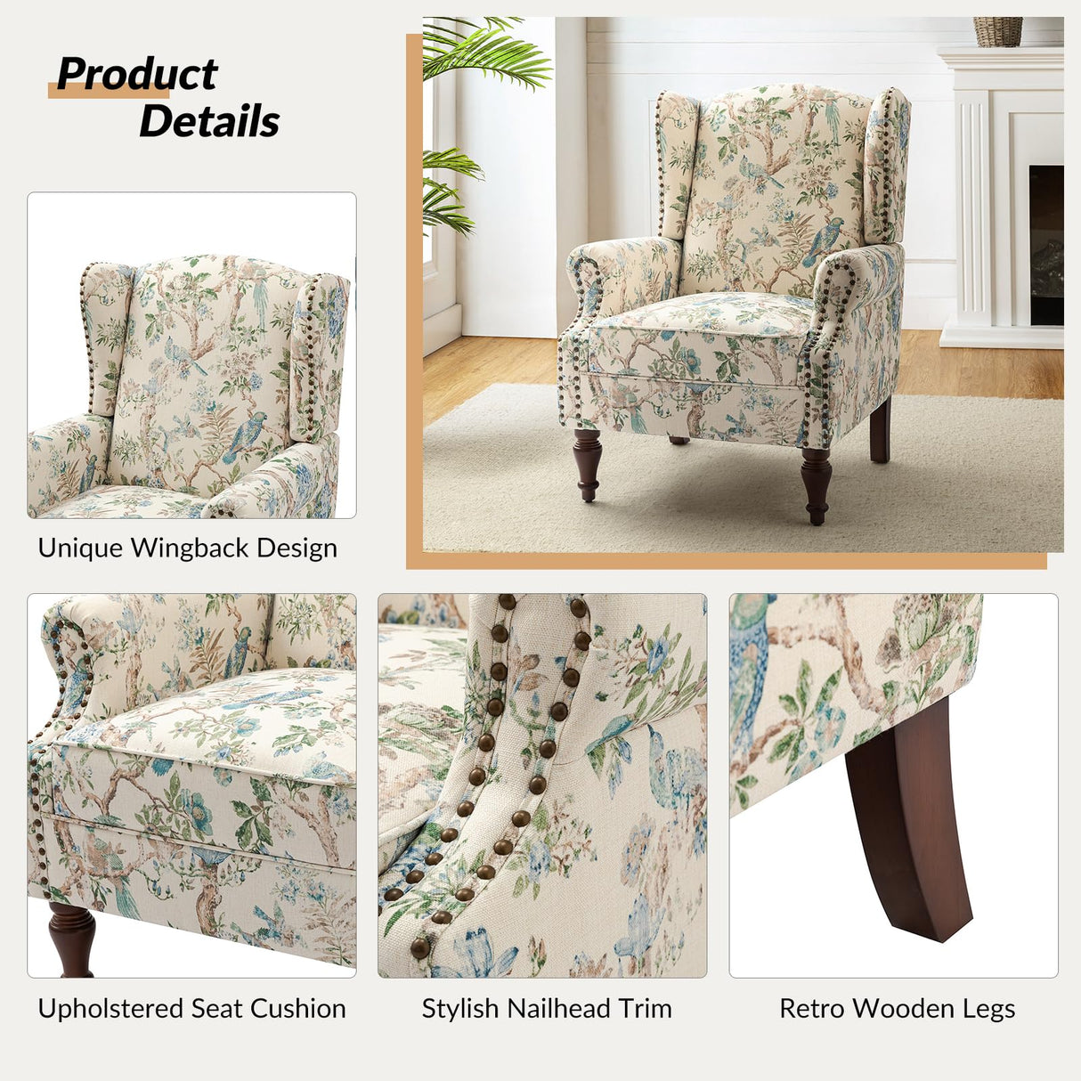 HULALA HOME Wingback Accent Chair with Floral Pattern Design, Traditional Fabric Armchair with Nailhead Trim and Retro Wooden Legs, Bird HULALA HOME