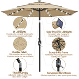 Yaheetech 10ft 3-Tier Vented Solar Patio Umbrella, Table Outdoor Market Umbrella with 24 LED Lights, 8 Sturdy Ribs Beach Umbrella with Tilt and Crank for Garden, Deck, Tan Yaheetech