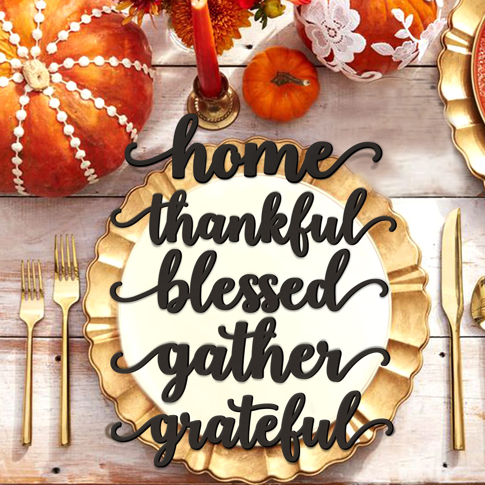 Thanksgiving Black Wooden Table Word Place Setting 5PCS Thankful Grateful Blessed Gather Home Tablescape Words Laser Cut Wood Plate Letter Sign Farmhouse Table Signs Decor Holiday Place Cards - WoodArtSupply