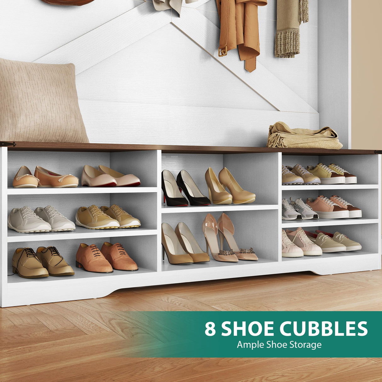 YITAHOME Hall Tree with Bench and Shoe Storage, Mudroom Storage Modern Shoe Cabinet with Bench & 9 Double Prong Hooks, for Entryway & Living Room, Walnut & Off-White YITAHOME