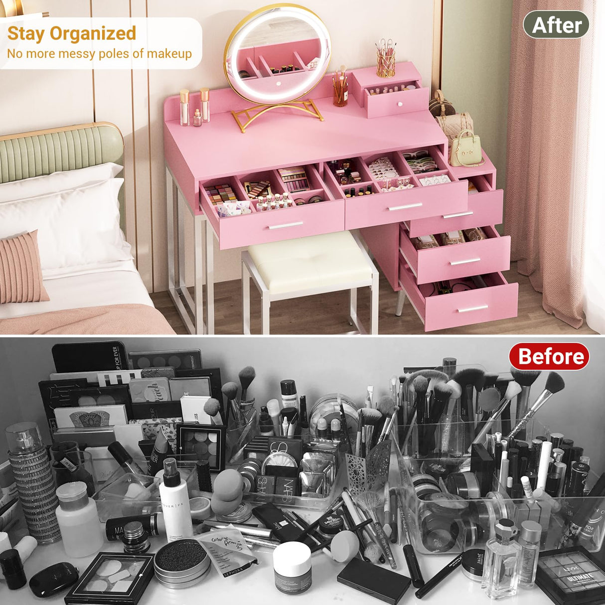 Pink Vanity Desk with Mirror and Lights, Modern Makeup Vanity Table Set with 6 Storage Drawers and Cushioned Stool for Bedroom, Dressing Table with Divided Organizers for Women Girls, Pink armocity