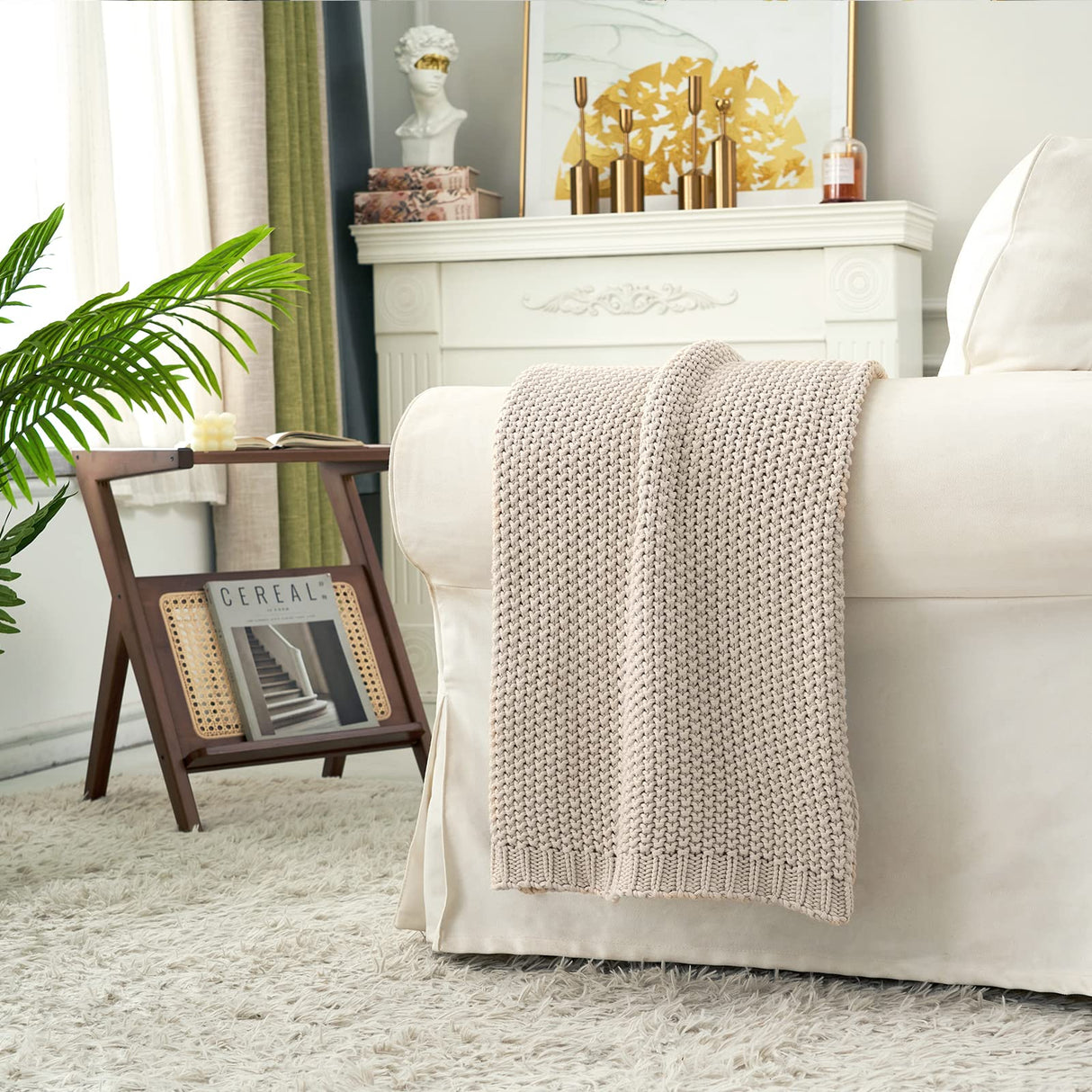 Chunky Cable Knit Throw Blanket Lightweight Beige 100% Organic Cotton Blanket for Sofa Couch Bed Baby Nursery, Rustic Shabby Chic Modern Farmhouse, 51” x 63” Give Laundering Bag Longhui bedding