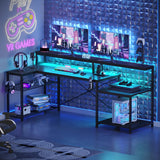 Bestier Gaming Desk with Power Outlets, 71.5 LED Computer Desk with Long Monitor Stand, Large L Shaped Corner Desk with Storage Shelf, Cup Holder Headset Hooks, Cool Desk for Gaming Room, Black Bestier